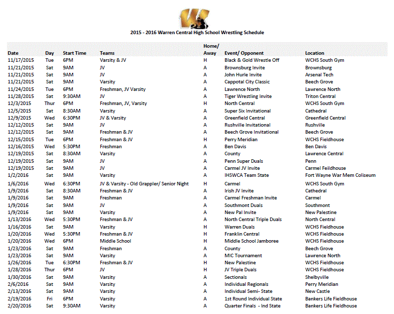 2015 - 2016 Warren Central Wrestling  Schedule